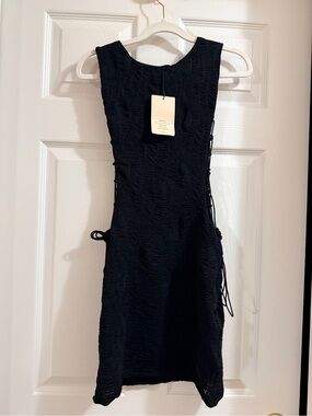 Black Textured Lace Up Dress